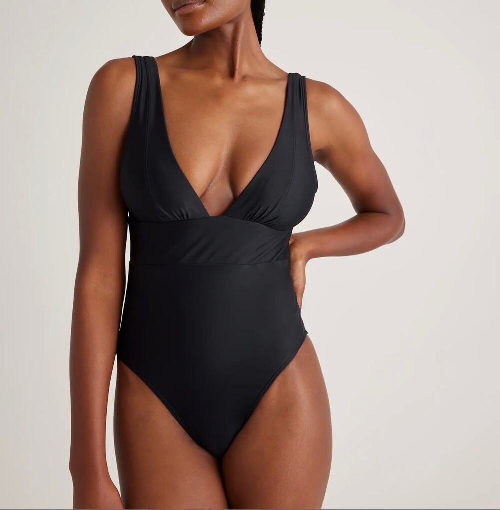 Quince NWT Italian Plunge One-Piece Swimsuit Black Medium